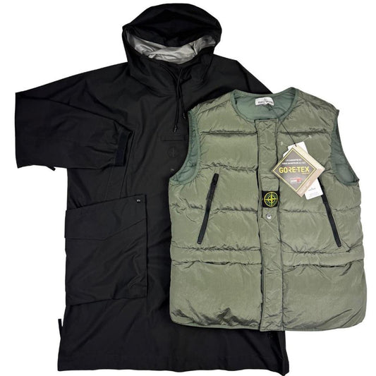 Stone Island black quilted gilet with Gore-Tex logo and ripstop material.