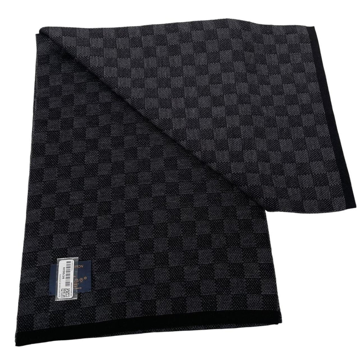 Louis Vuitton wool scarf black grey Damier pattern with tags and logo.