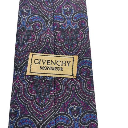Givenchy purple tie with abstract print design in smooth polyester fabric.