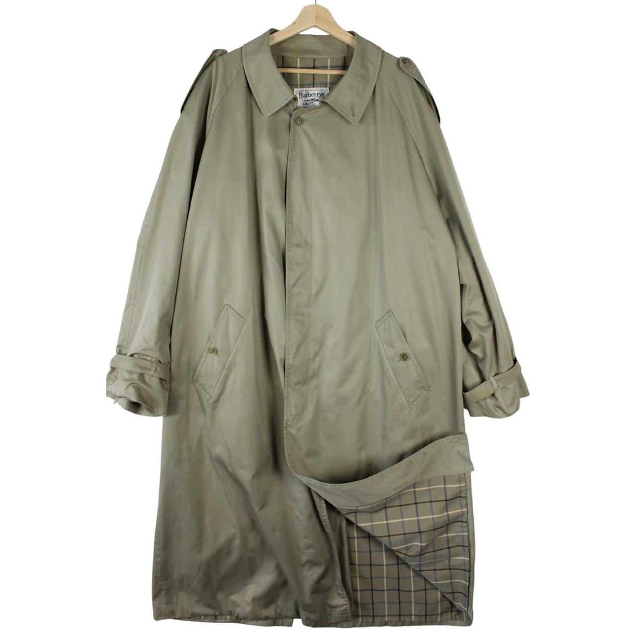 Burberry khaki green trench coat, single breasted, classic check lining, vintage 90s style.