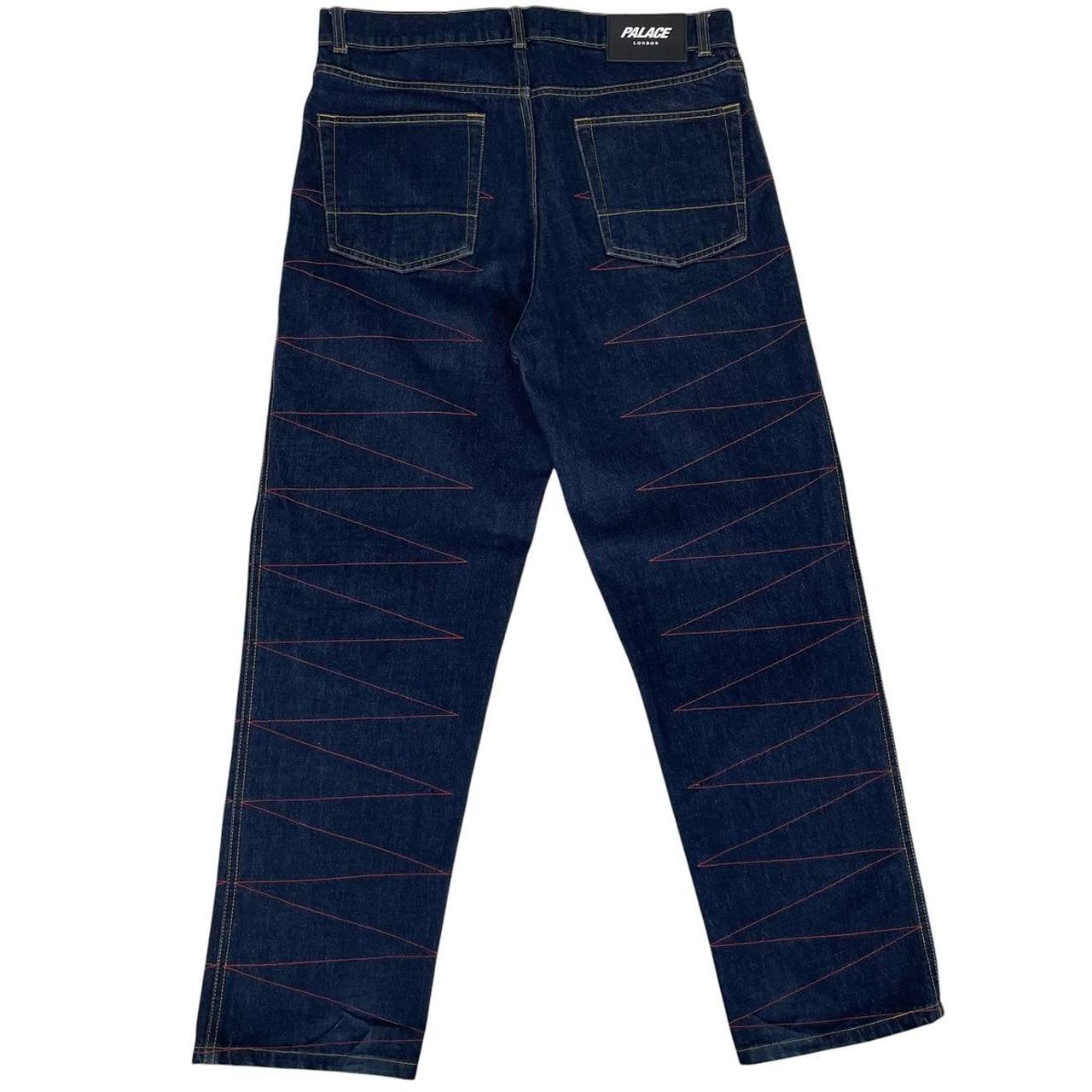 Palace straight jeans navy blue with red embroidered details and logo patch.
