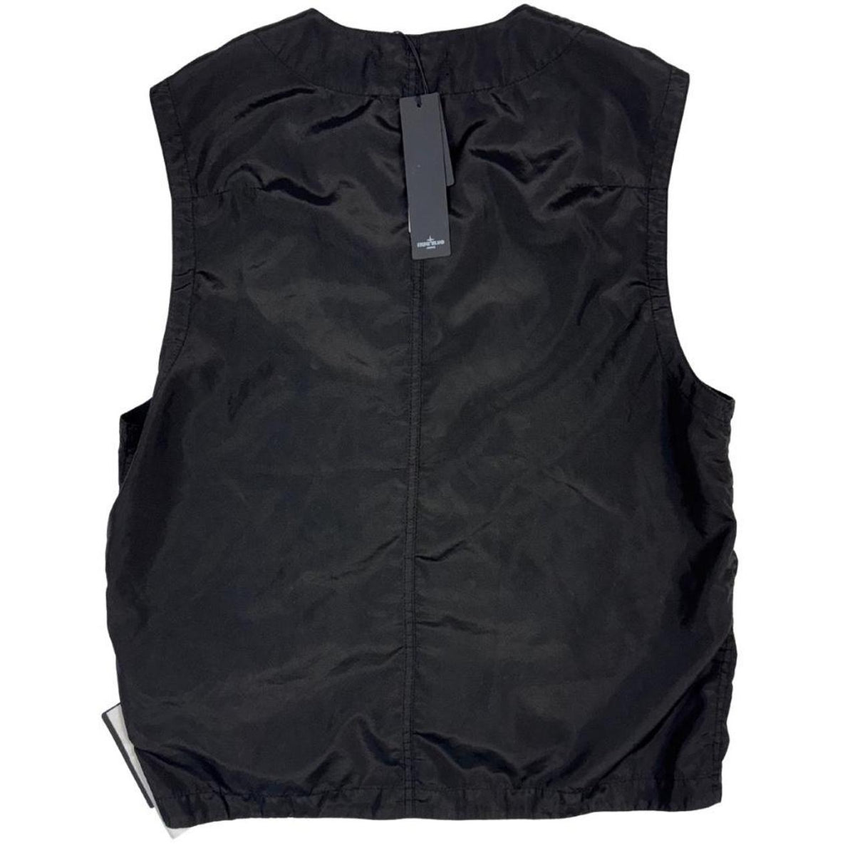 Stone Island black vest jacket, lightweight polyester, logo patch on chest.