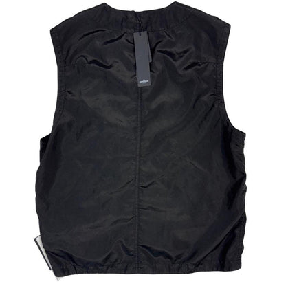 Stone Island black vest jacket, lightweight polyester, logo patch on chest.