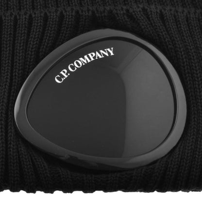 CP Company black beanie hat with goggle detail and cotton material.