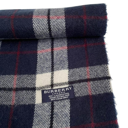 Vintage 90s Burberry Navy Blue Check Lambswool Scarf