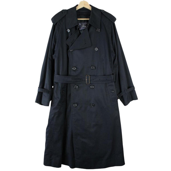 Burberry navy blue belted double breasted trench coat with iconic check lining.