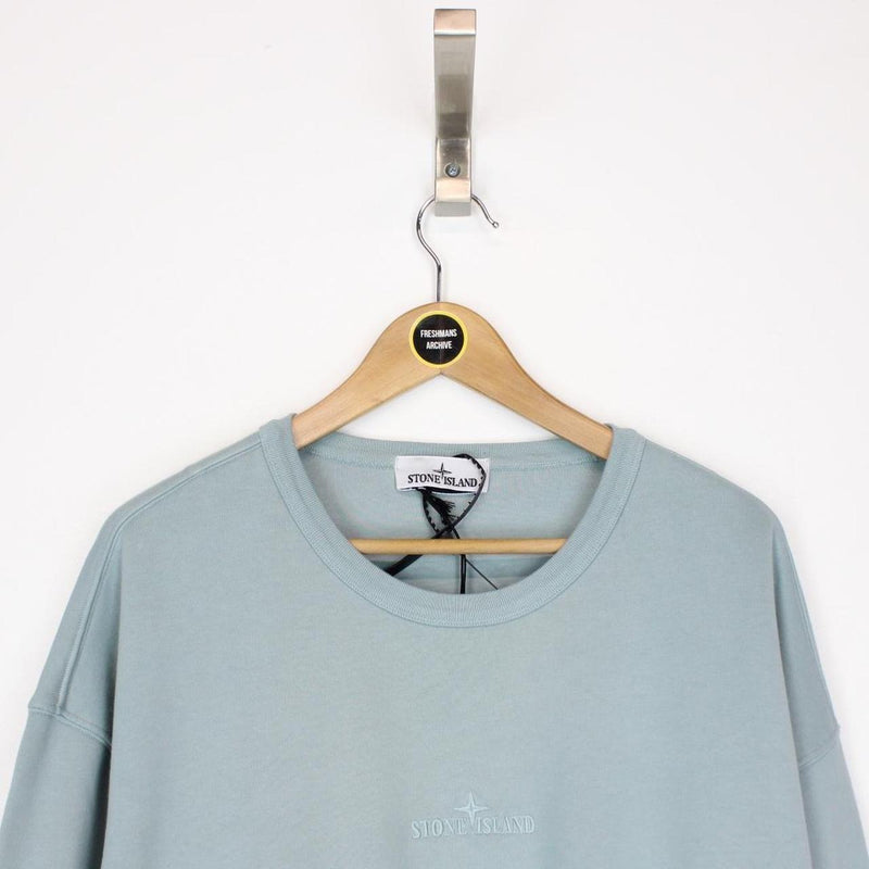 Stone Island SS 2023 Light Blue Logo Embroidered Cotton Sweatshirt Jumper