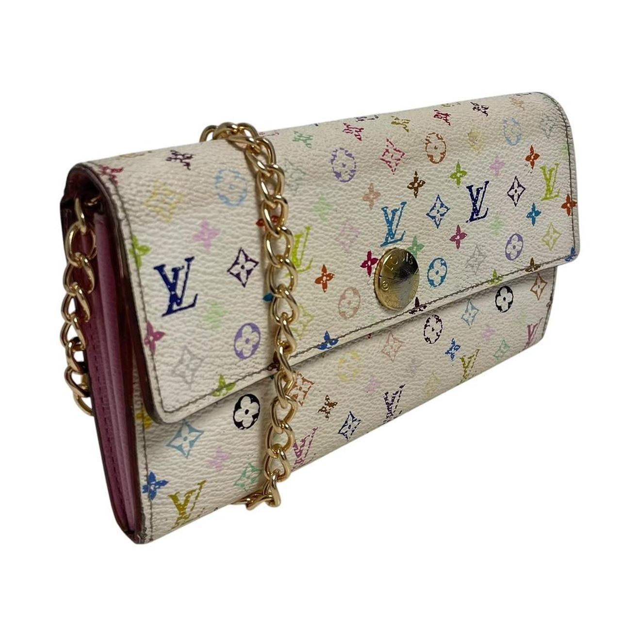Louis Vuitton white crossbody wallet with multicoloured monogram and gold strap.