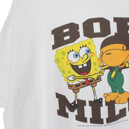 BAPE white graphic t-shirt featuring Spongebob Milo Bob print and pocket detail.