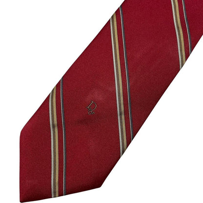 Christian Dior red striped polyester tie with vintage logo and sleek design.