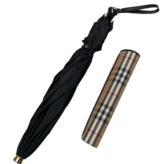 Vintage 80s Burberry Black Folding Umbrella with Nova Check Cover