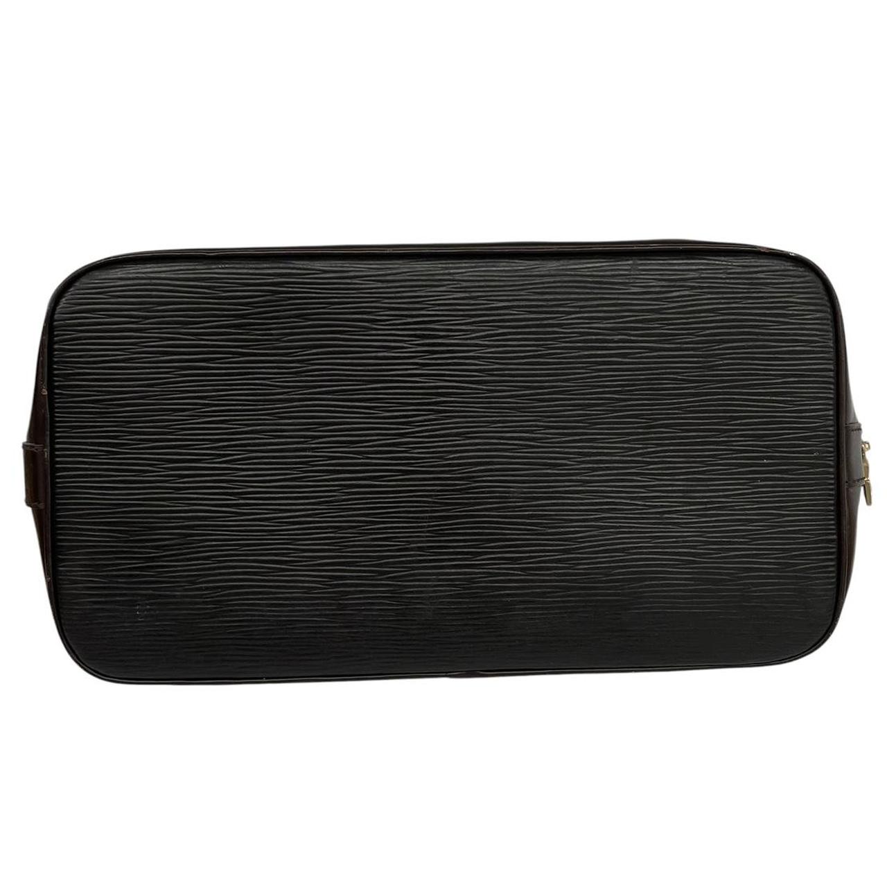 Louis Vuitton black Epi leather duffel bag with iconic logo and structured design.