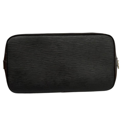 Louis Vuitton black Epi leather duffel bag with iconic logo and structured design.