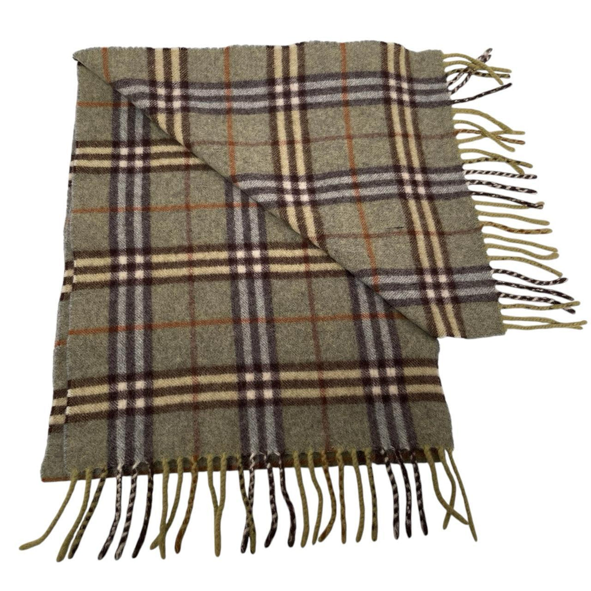 Burberry green lambswool scarf featuring iconic Nova Check pattern.