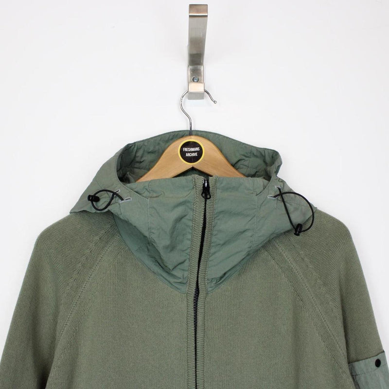 CP Company Green Cotton Knit and Nylon Lens Hoodie Jumper