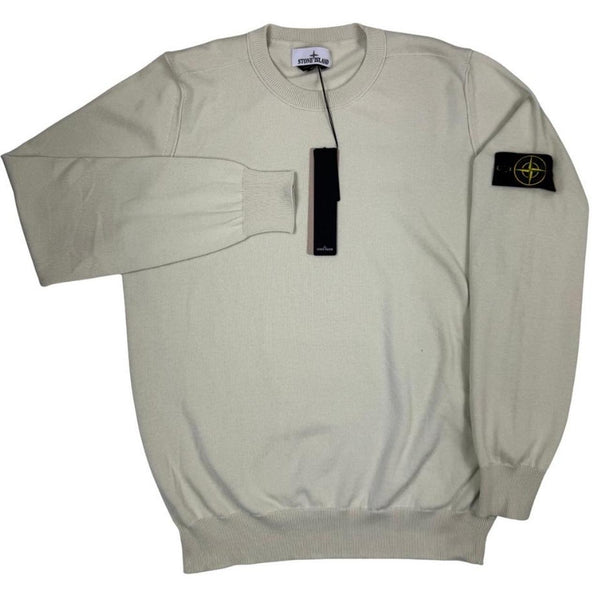 Stone Island beige knit jumper made from organic cotton with logo badge detail.
