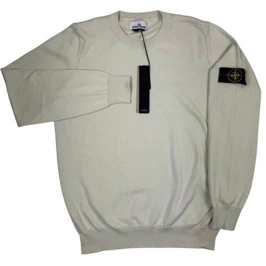 Stone Island beige knit jumper made from organic cotton with logo badge detail.