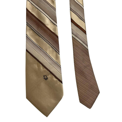 Christian Dior beige and brown striped polyester tie with cream accents and vintage design.