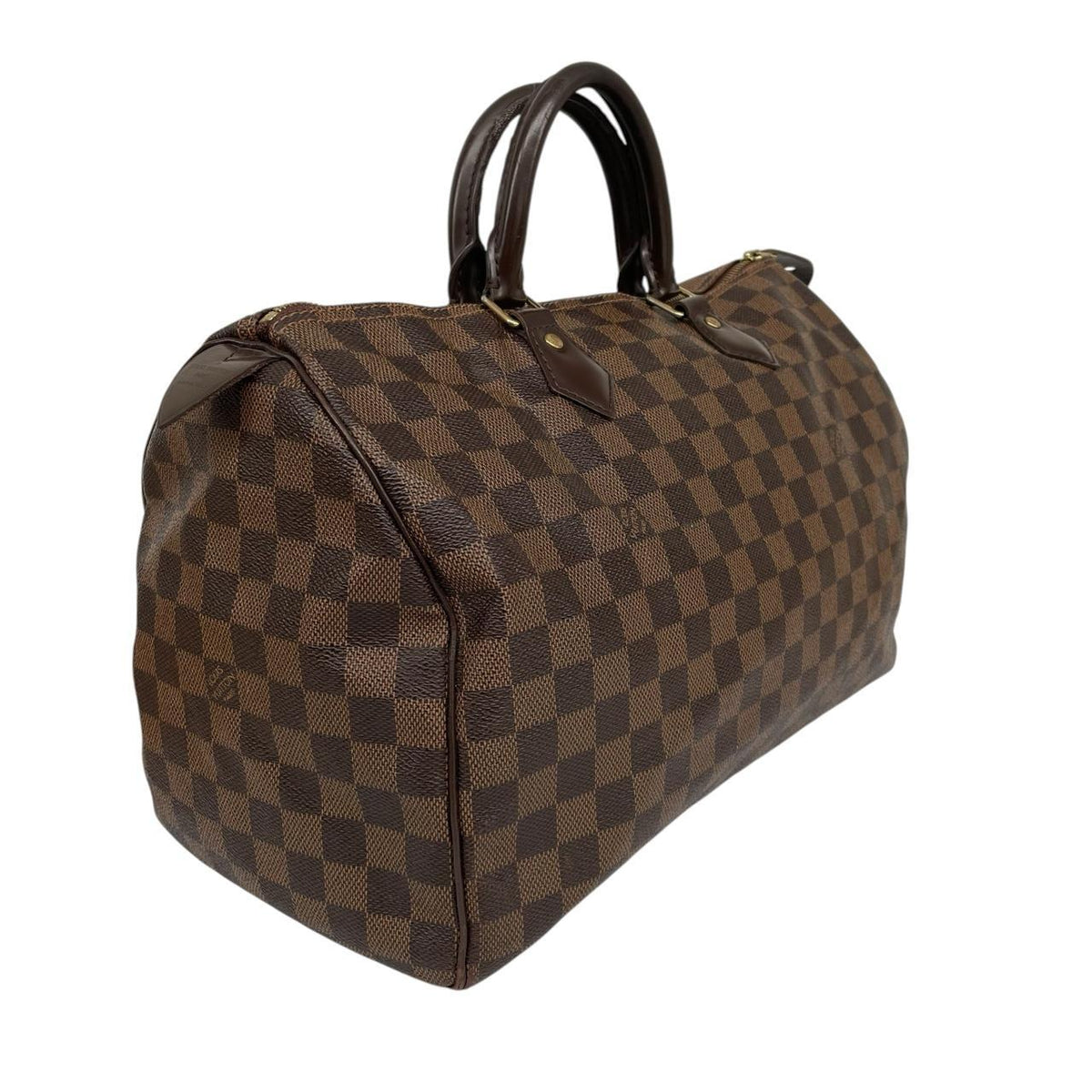 Louis Vuitton brown Damier Ebene canvas Speedy 35 bag with logo and gold-tone hardware.