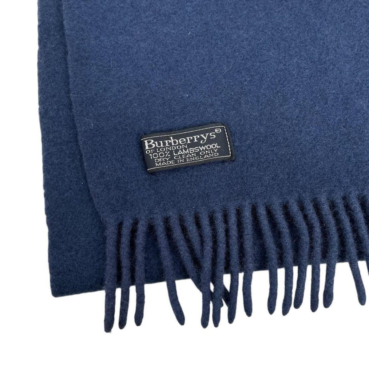 Burberry blue lambswool scarf with embroidered logo and vintage 90s design.