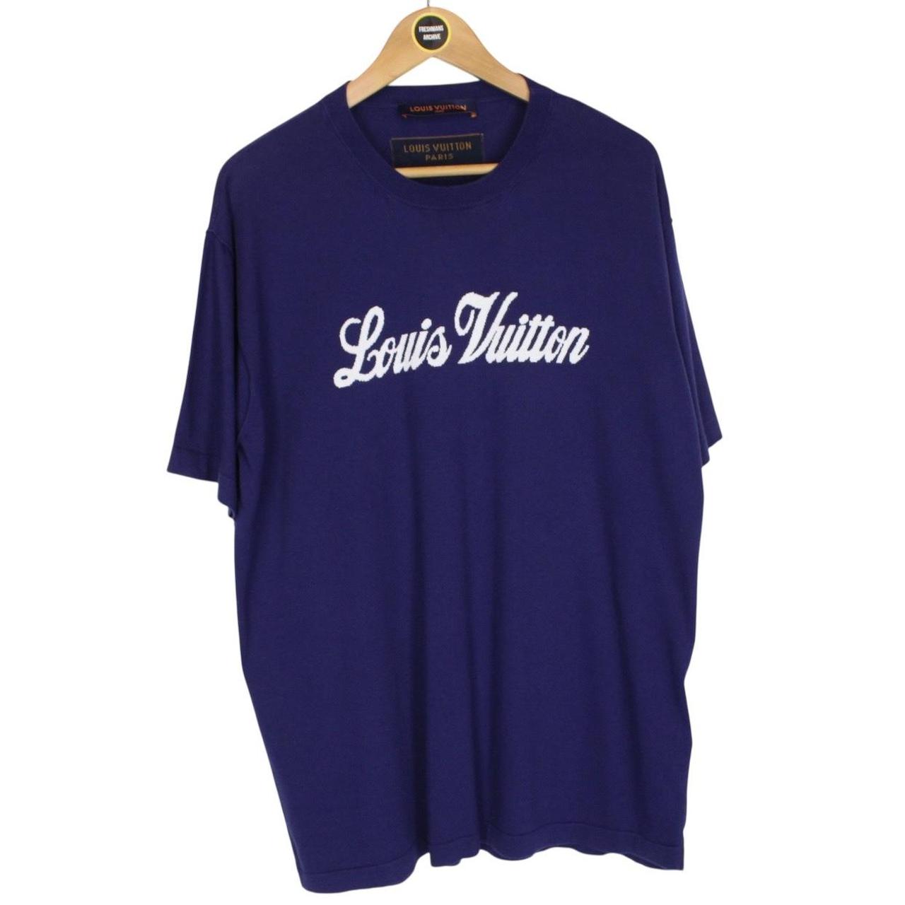 Louis Vuitton LV Logo Print Navy Blue and White Short Sleeve Cotton Knit T-Shirt