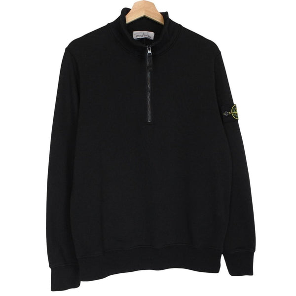 Stone Island black jumper organic cotton 1/4 zip with detachable compass badge.