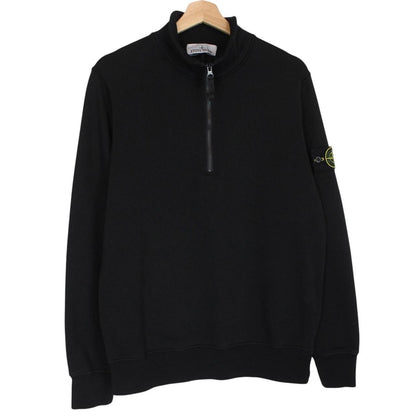 Stone Island black jumper organic cotton 1/4 zip with detachable compass badge.
