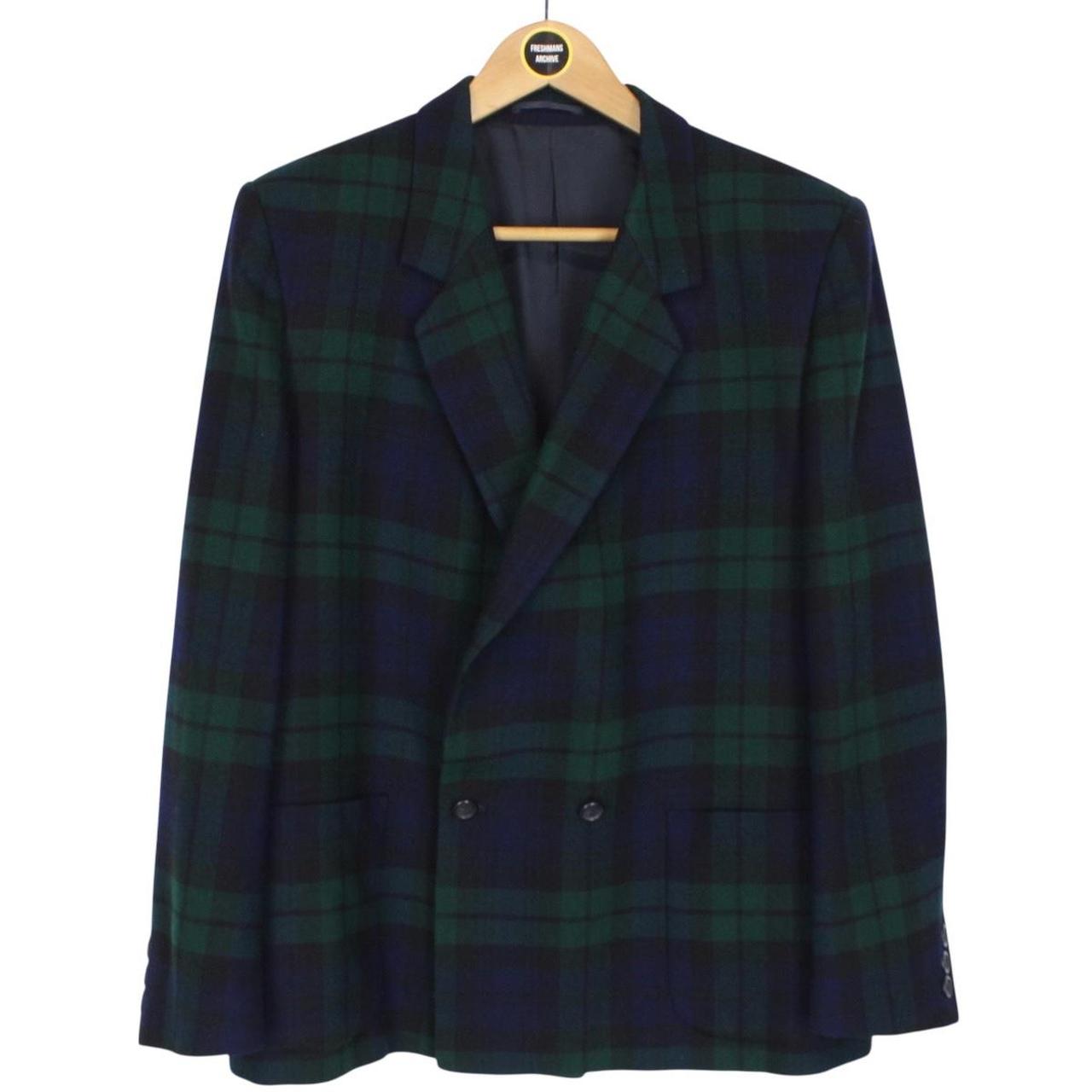 Vintage 90s Burberry Green and Navy Blue Tartan Check Wool Blazer Jacket