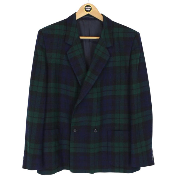 Vintage 90s Burberry Green and Navy Blue Tartan Check Wool Blazer Jacket