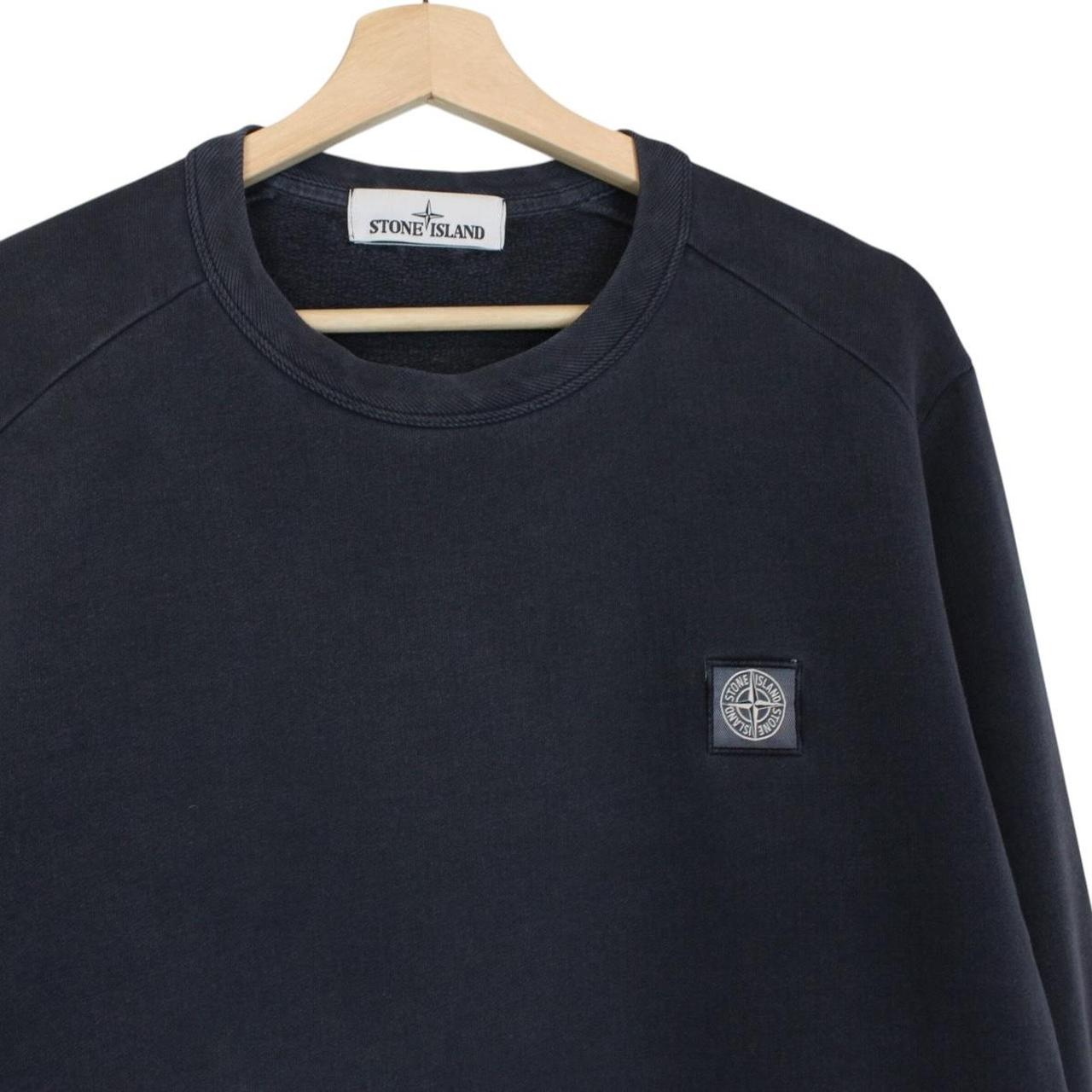 Stone Island navy blue cotton sweatshirt with logo patch and small sleeve repair.