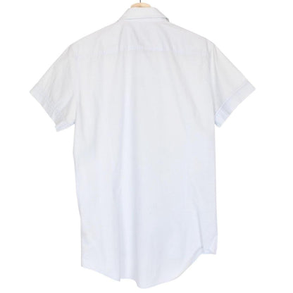 Vivienne Westwood light blue short sleeve cotton shirt with orb logo and collar discoloration.