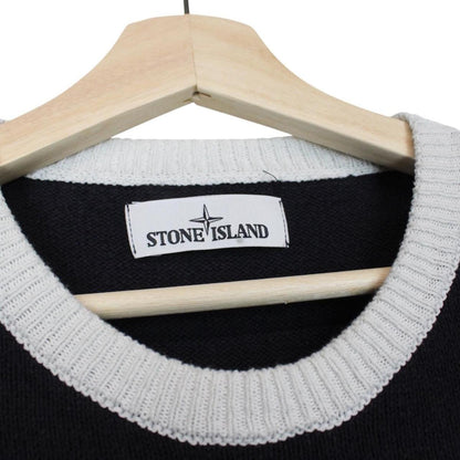 Stone Island navy blue and white striped cotton knit jumper with logo patch.