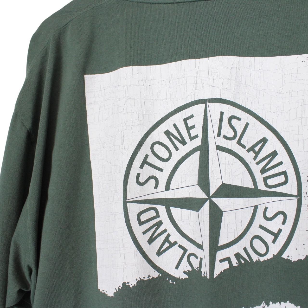 Stone Island SS 2024 Green and White Scratched Paint Logo Short Sleeve Cotton T-Shirt