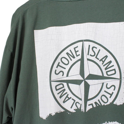Stone Island SS 2024 Green and White Scratched Paint Logo Short Sleeve Cotton T-Shirt