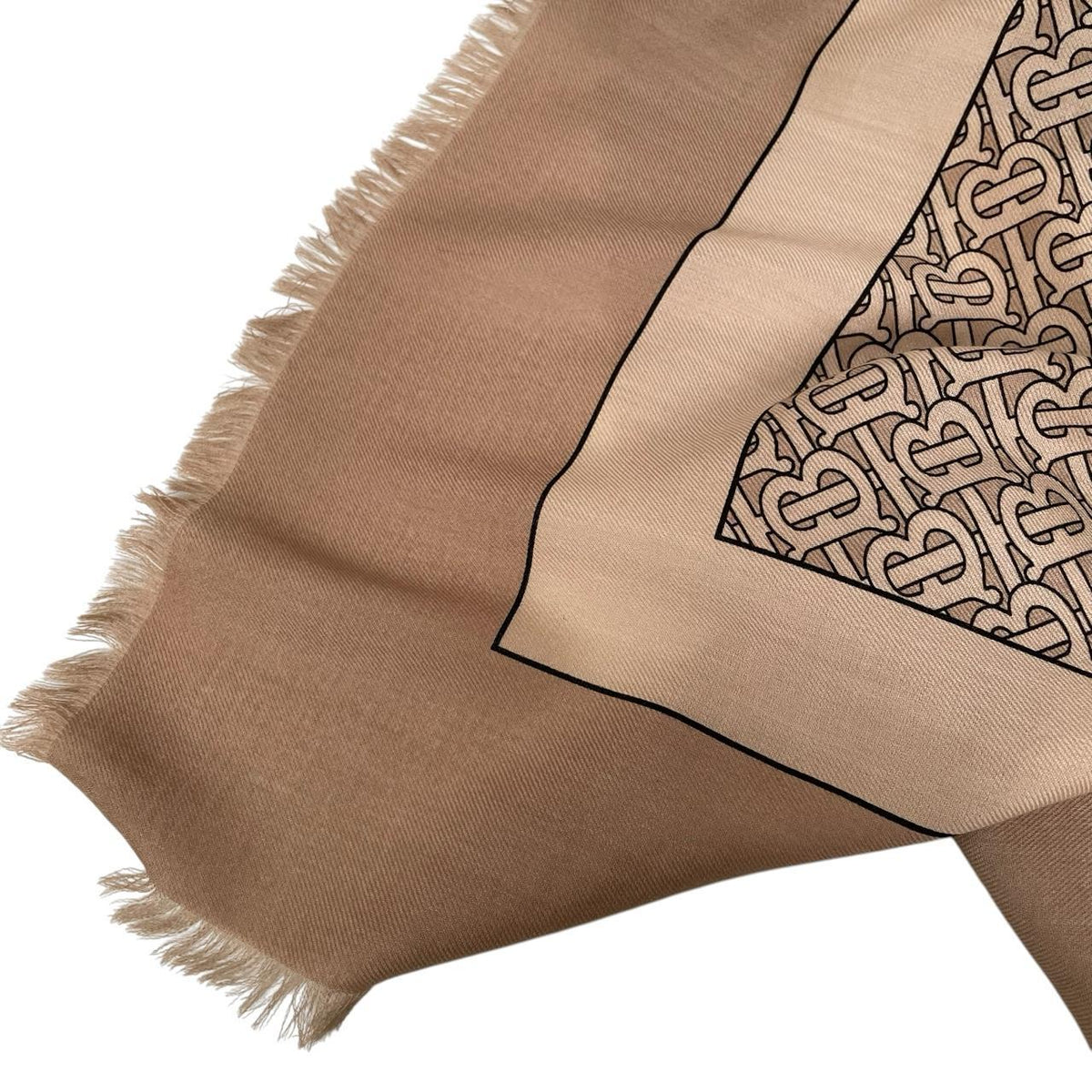 Burberry cashmere shawl scarf tan brown and beige TB monogram pattern.
