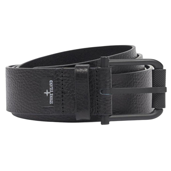 Stone Island black tumbled leather belt with debossed Compass logo and textured metal buckle.