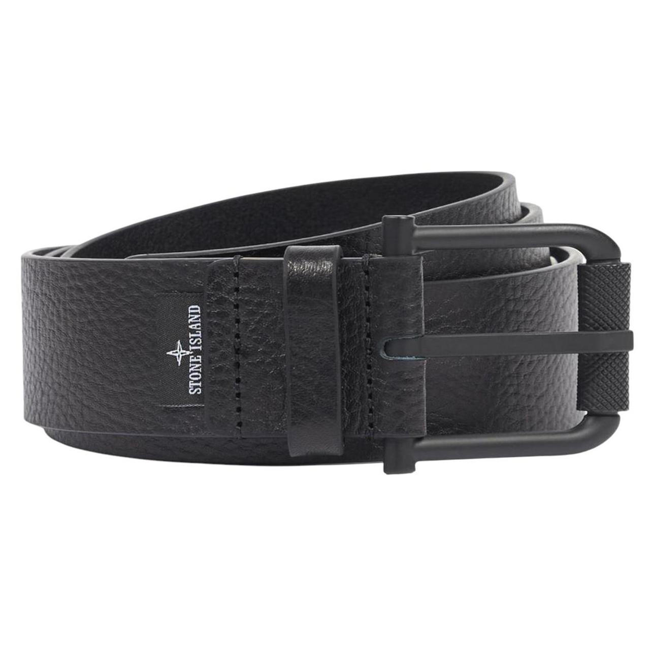 Stone Island black tumbled leather belt with debossed Compass logo and textured metal buckle.