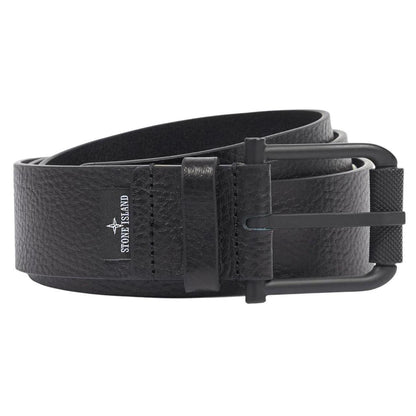 Stone Island black tumbled leather belt with debossed Compass logo and textured metal buckle.