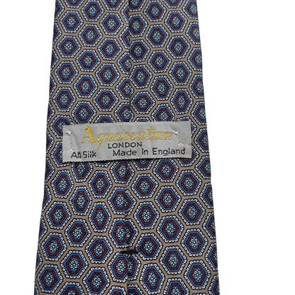 Aquascutum blue and grey silk tie with geometric print pattern.