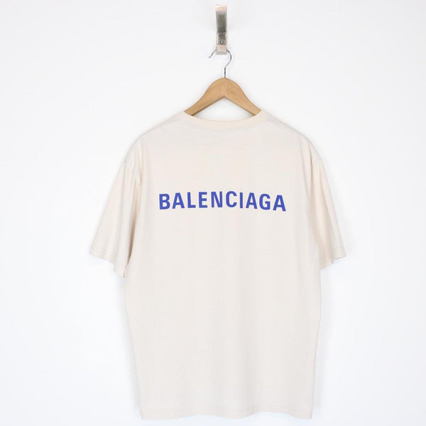 Balenciaga Cream and Blue Back Logo Print Short Sleeve T-Shirt