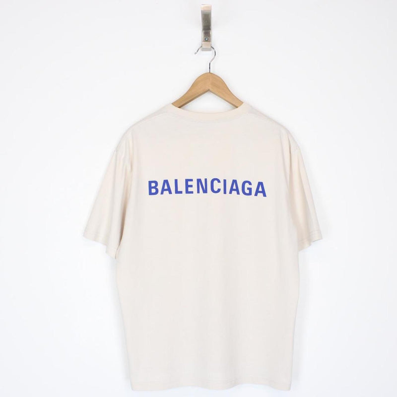 Balenciaga Cream and Blue Back Logo Print Short Sleeve T-Shirt