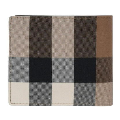 Burberry bifold wallet tan brown Nova Check pattern with logo detail.
