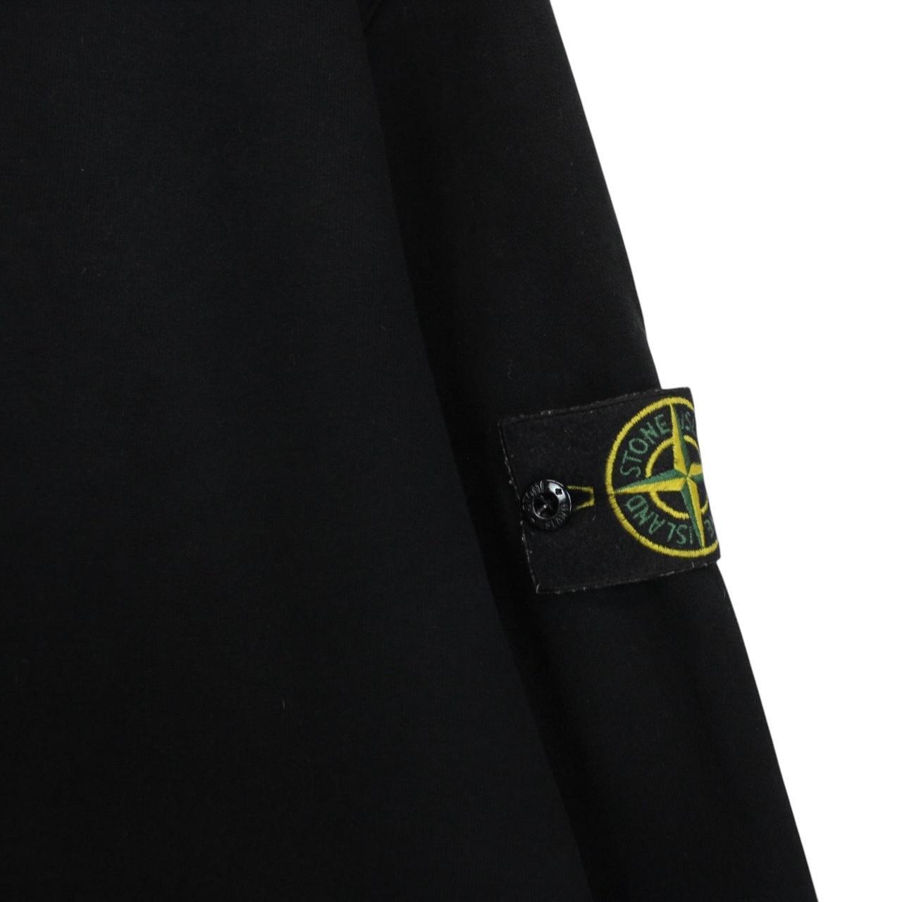 Stone Island black full zip hoodie with logo patch and cotton material.
