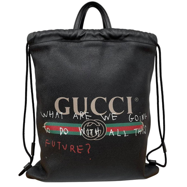 Gucci Black Coco Capitan Calfskin Leather Logo Print Drawstring Backpack