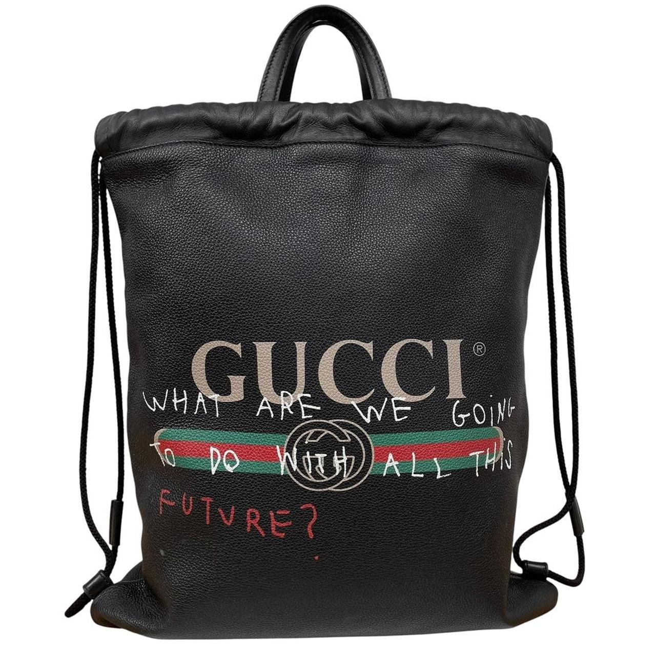 Gucci Black Coco Capitan Calfskin Leather Logo Print Drawstring Backpack