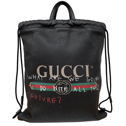 Gucci Black Coco Capitan Calfskin Leather Logo Print Drawstring Backpack