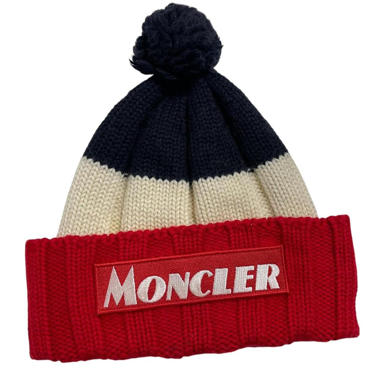 Moncler cream beanie hat with colour block design and embroidered logo.
