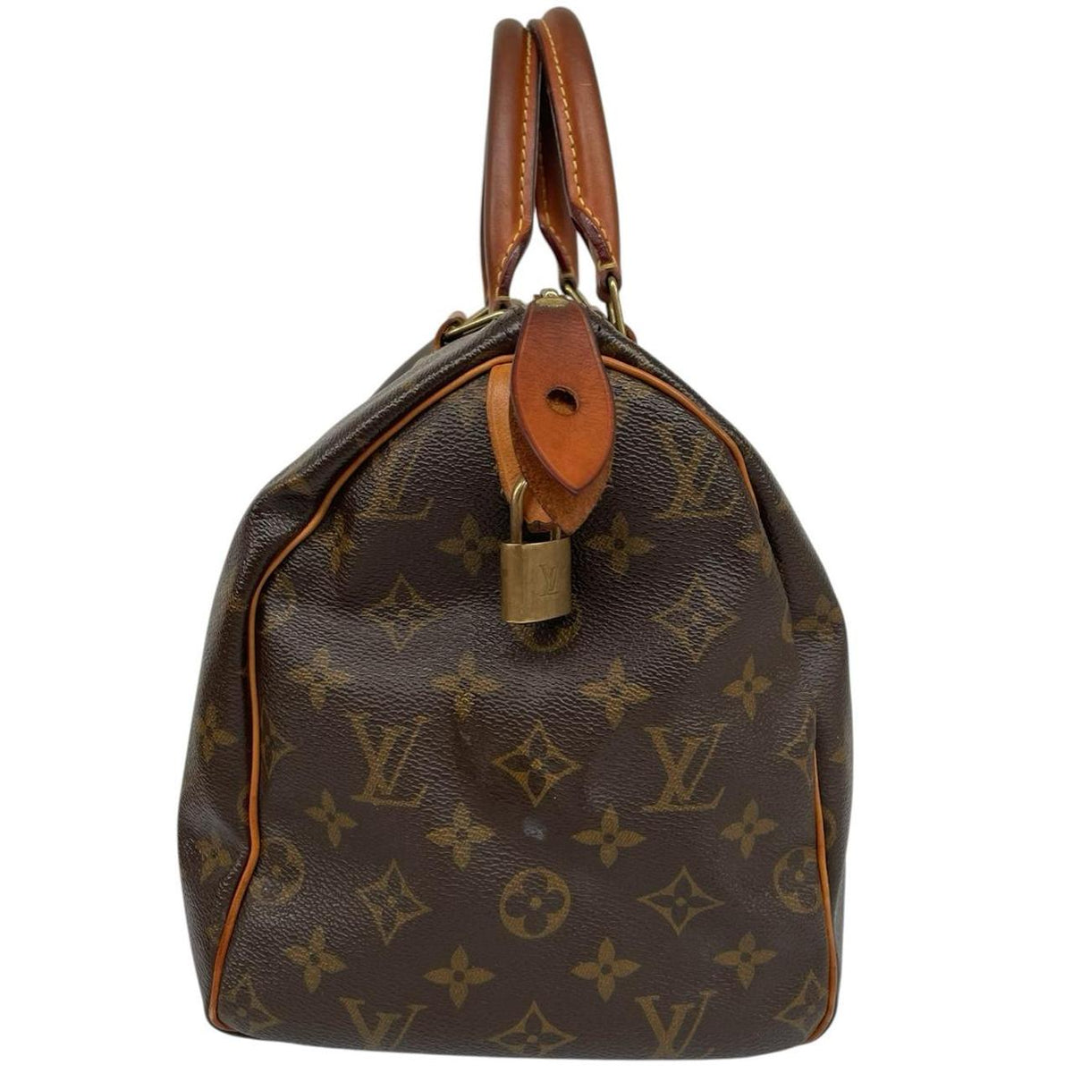 Louis Vuitton beige and brown monogram coated canvas shopping tote with padlock detail.