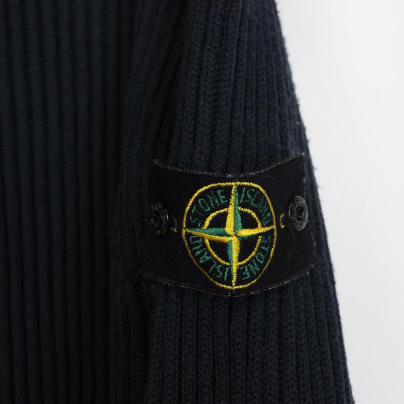 Vintage Stone Island AW 2002 Navy Blue Ribbed Wool Knit 1/4 Zip Jumper
