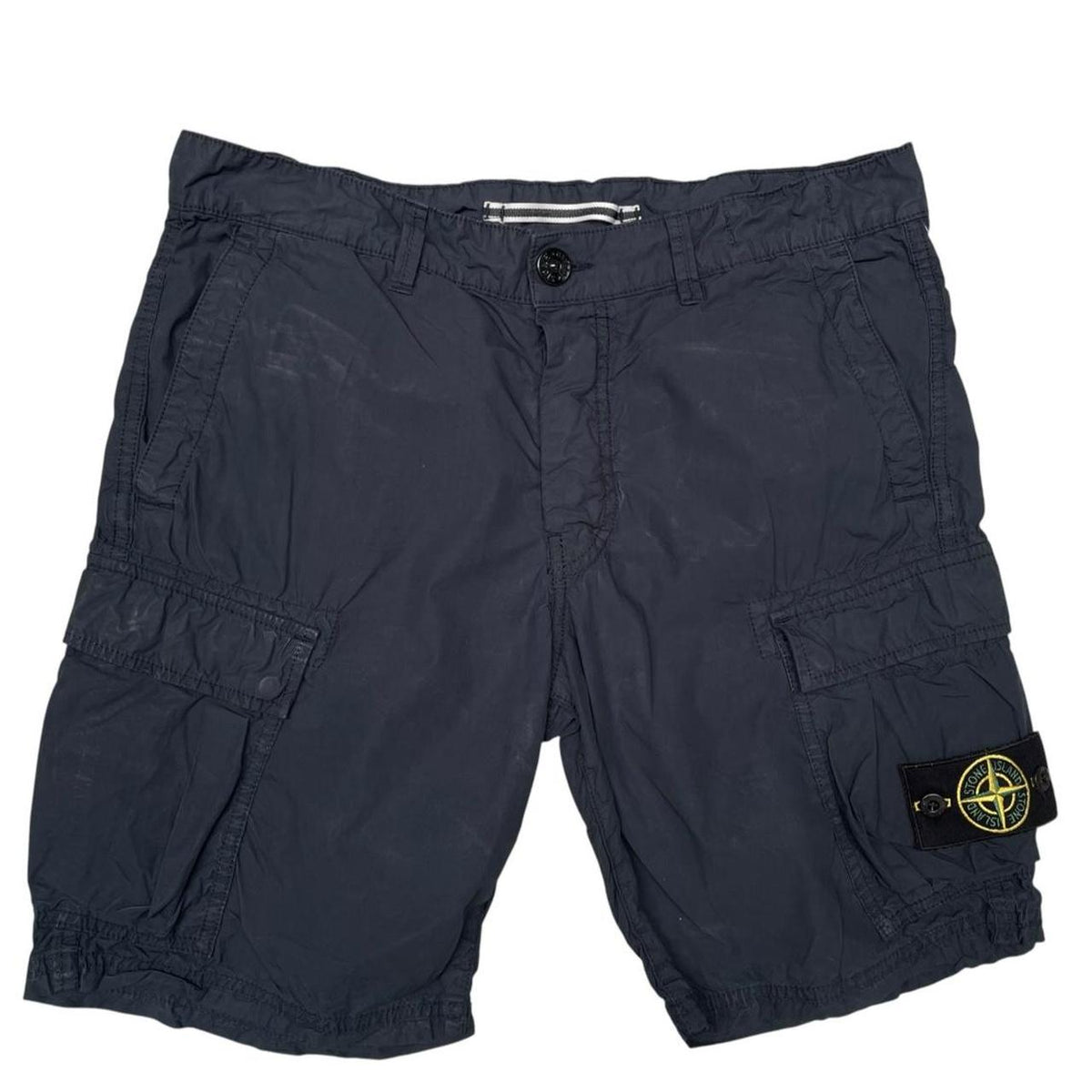 Stone Island navy blue cargo shorts with logo patch and cotton material.